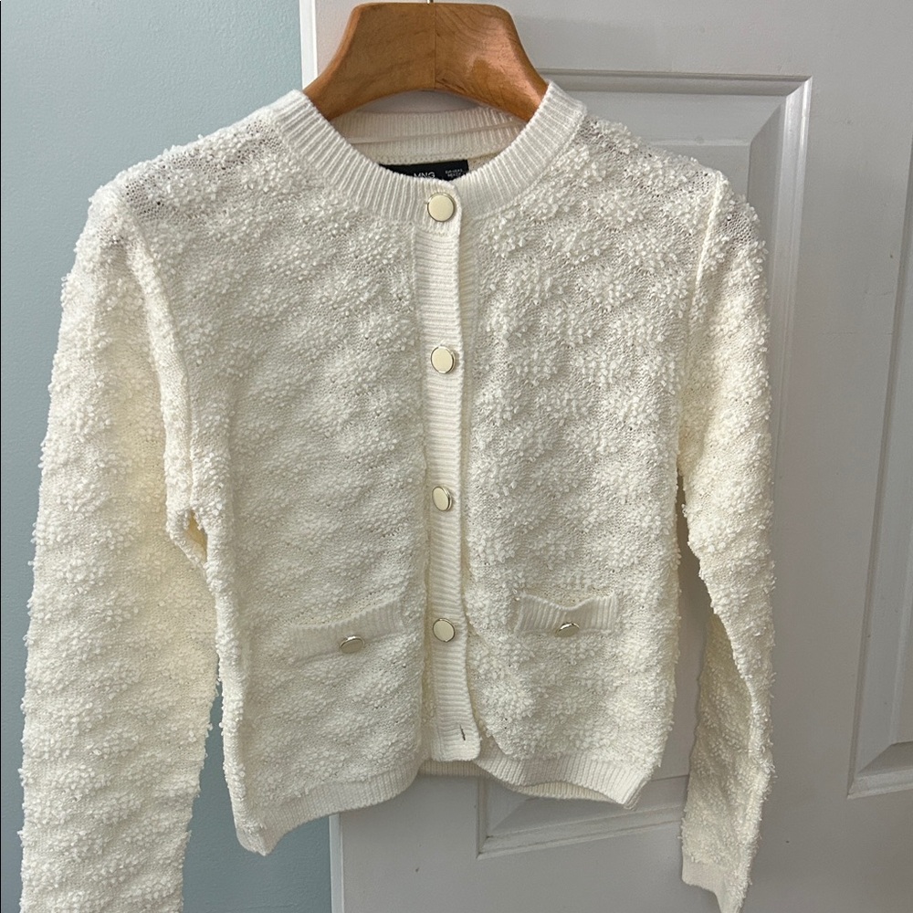 Mango Cream Textured Cardigan with Silver Button